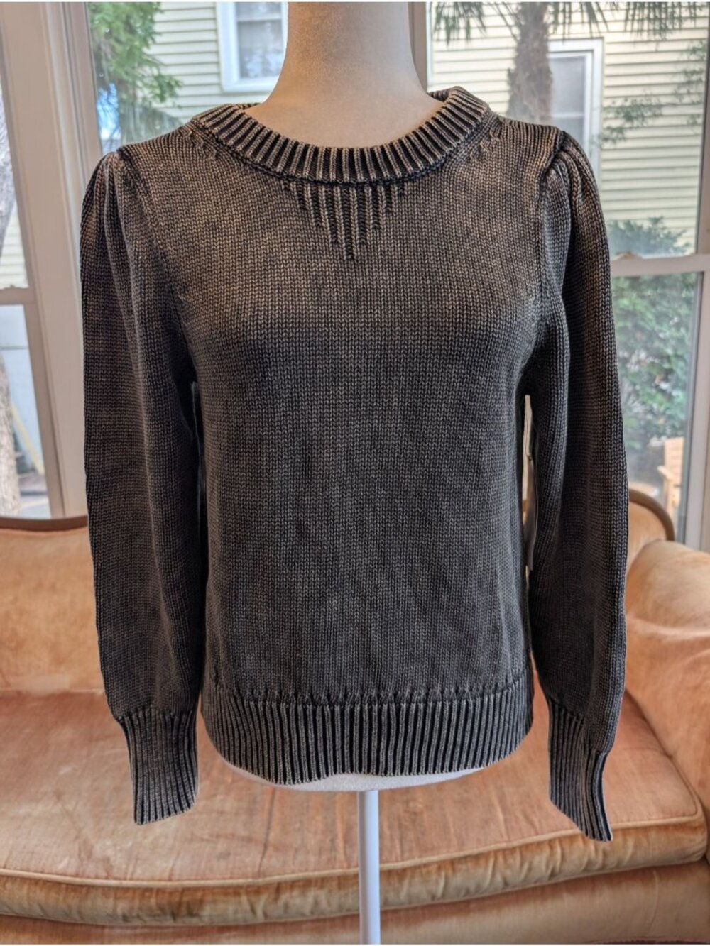 NWT Women's Charcoal Acid Wash Cotton Sweater Long Puff Sleeves Size M Grunge
